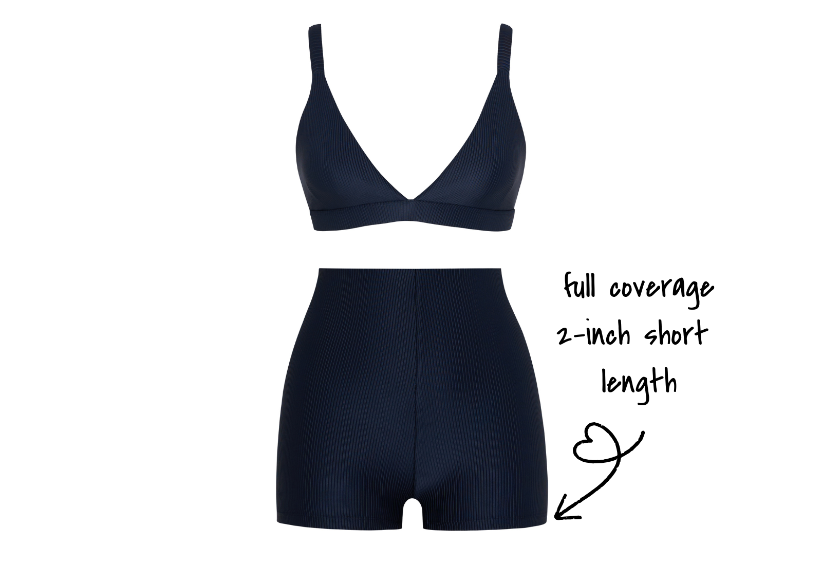 Image of the bikini short set. at the top is the black triangle bikini top and the bottom the high wasted binkini shorts with the text 'full coverage 2-inch short length'